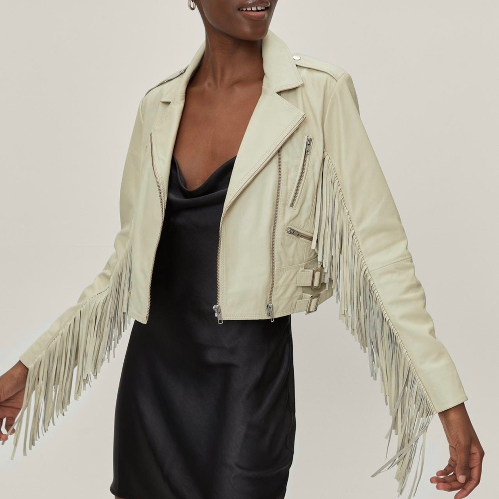 Real leather crop fringe biker jacket